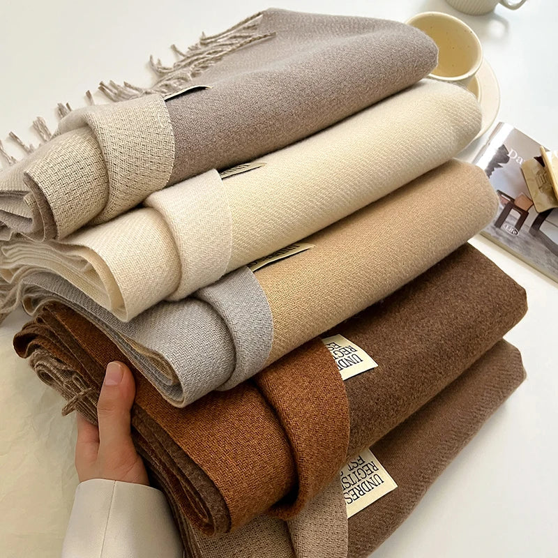 2023 New Fashion Cashmere Scarf Warm Winter for Women Korean Style Knitted Solid Color Double Sided Wraps Neckerchief