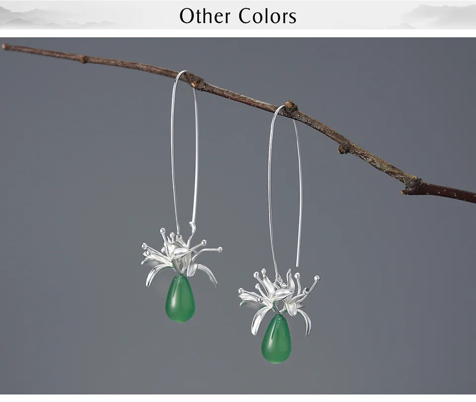 Lotus Fun Natural Gemstone Long Unusual Red Spider Lily Flower Dangle Earrings for Women 925 Sterling Silver Luxury Fine Jewelry