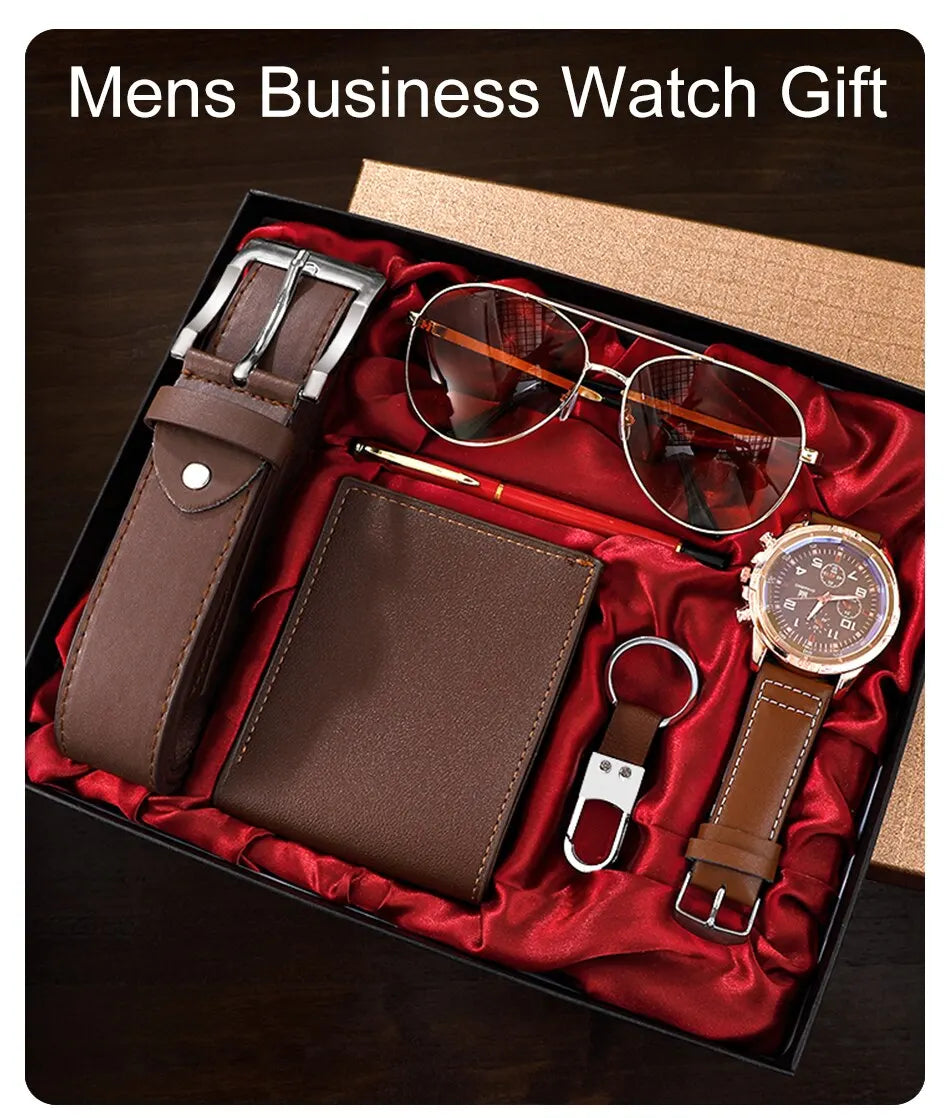 SHAARMS Men Gift Watch Business Luxury Company Mens Set 6 in 1 Watch Glasses Pen Keychain Belt Purse Welcome Holiday Birthday