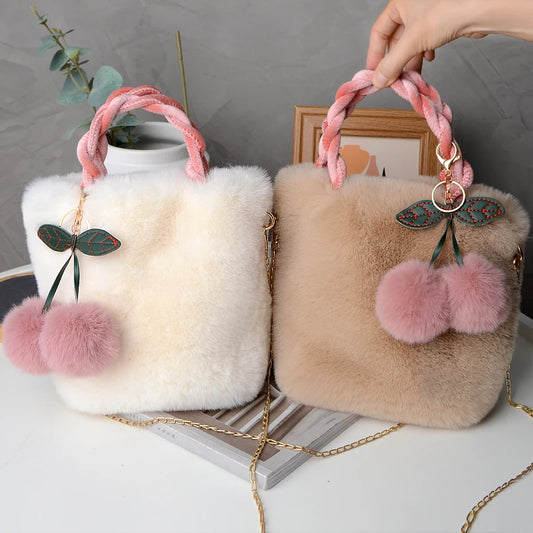 New Fashion Soft Plush Handbag Winter Furry Ladies Clutch Purse Shoulder Bags Causal Female Cherry Pendant Messenger Bag