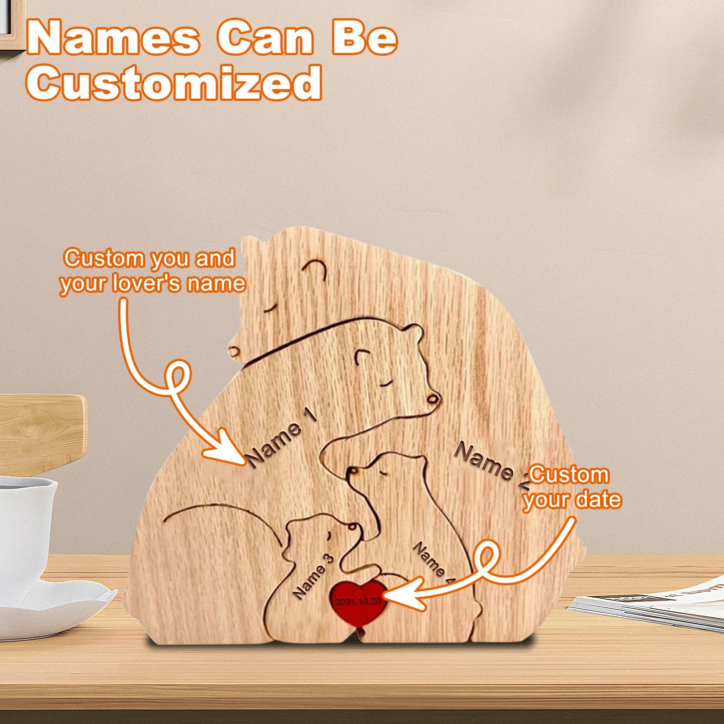 Custom Name Wooden Bear Family Ornaments Personalized Wood Carving Bear Puzzle Christmas Birthday Gift home decor action figure Valentines Gift