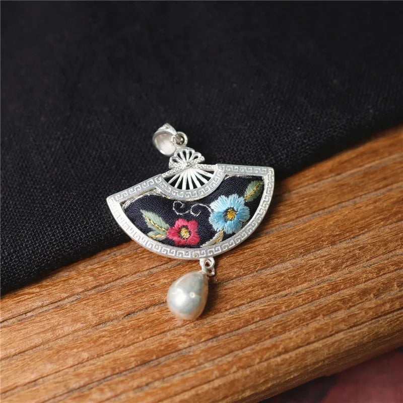 Vintage ethnic style embroidery, old embroidery, wax printing, fan-shaped silver pendant jewelry