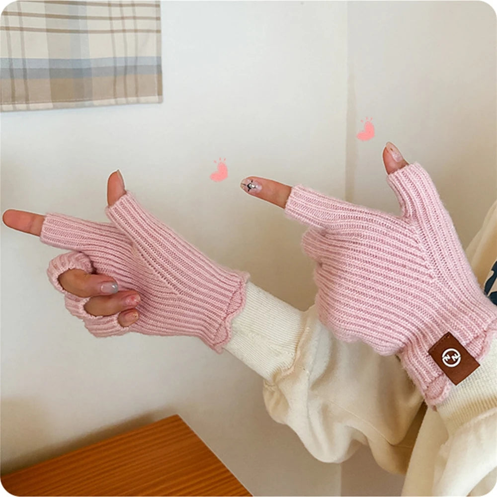 Women's Solid Color Knitted Warm Gloves Winter Half Finger Touch Screen Mittens Outdoor Cycling Stretch Gloves for Adult Couples