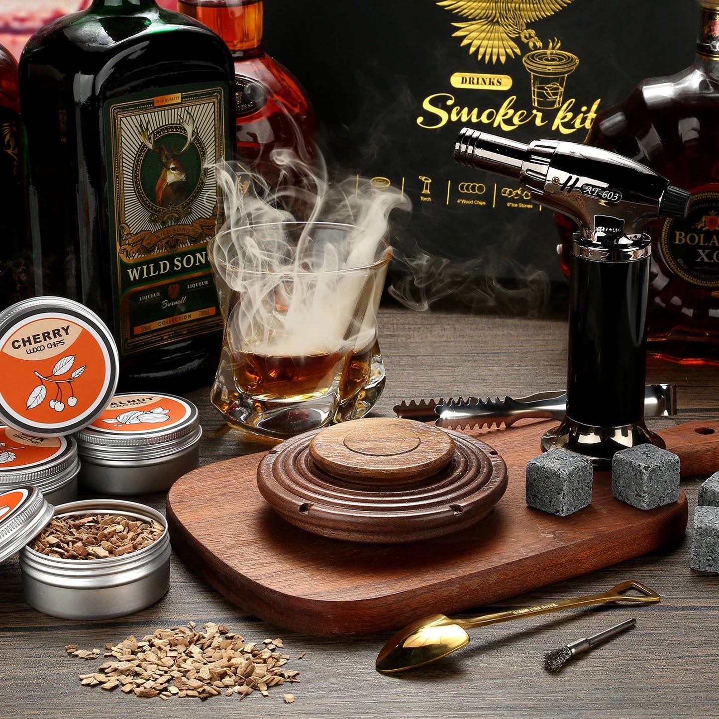 Cocktail Smoker Kit,Smoking Set with 4 Wood Chips,Old Fashioned Whiskey Smoker Drinks Kit,Cocktail Accessories for Whiskey,Drink