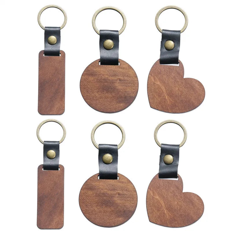 Customized PU Leather Wooden Keychain Blank DIY Wood Keyring Square Engraved Car Key Chains Retro for Friends Lovers Family Gift Valentines Gift