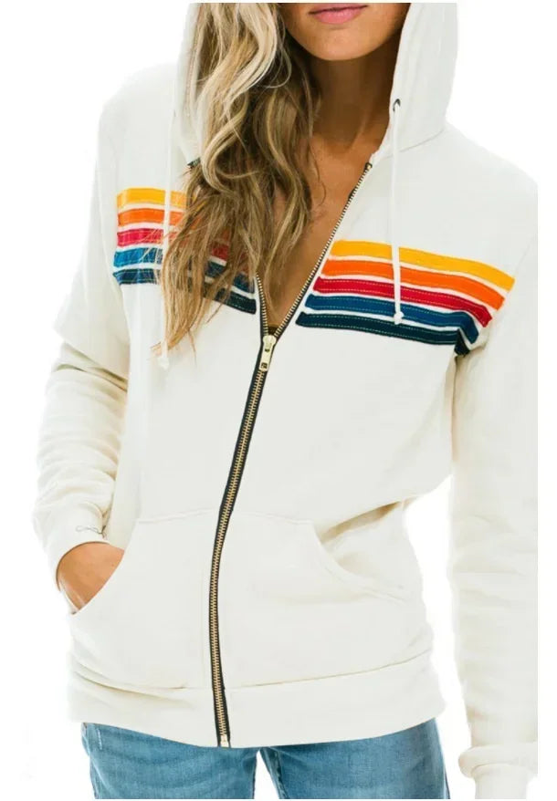 Autumn Unisex Women's Aviator Nation Long Sleeve Hooded Sweatshirts Casual Zipper 5 Stripe Rainbow Hoodies Jacket Coat