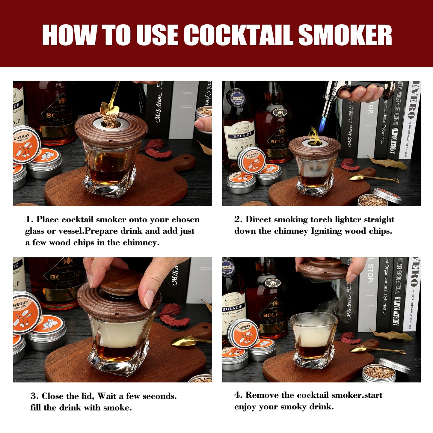 Cocktail Smoker Kit,Smoking Set with 4 Wood Chips,Old Fashioned Whiskey Smoker Drinks Kit,Cocktail Accessories for Whiskey,Drink