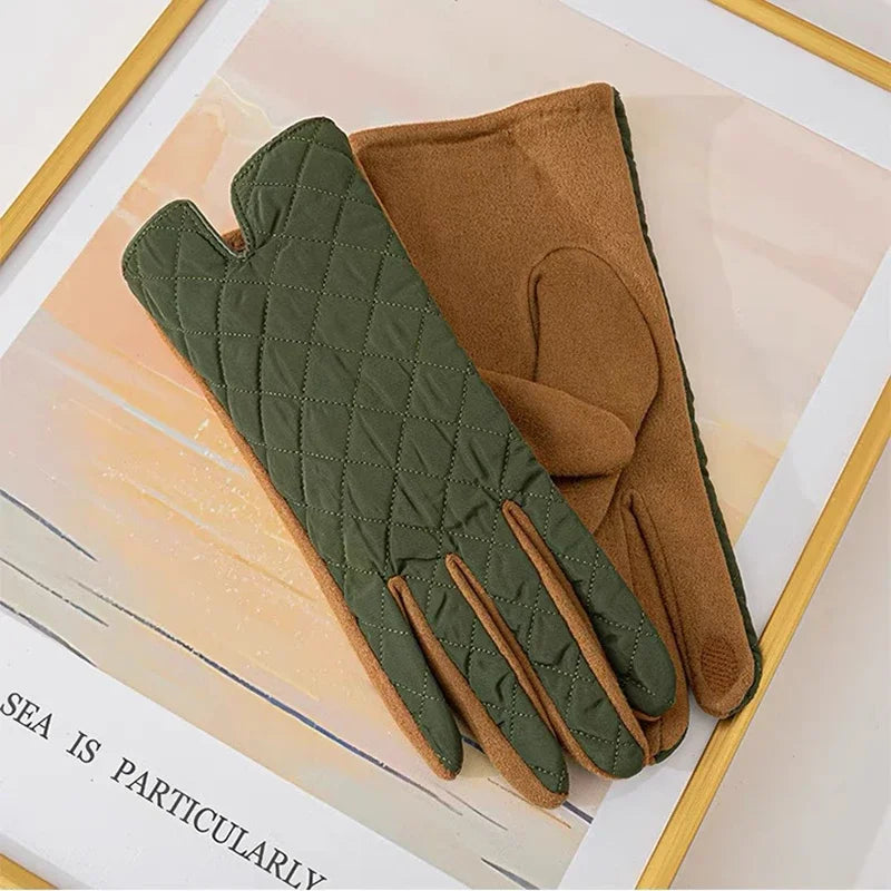 Women's Contrasting Suede Leather Plus Velvet Thicken Touch Screen Driving Warm Gloves For Sports Winter Outdoor Ski Coldproof