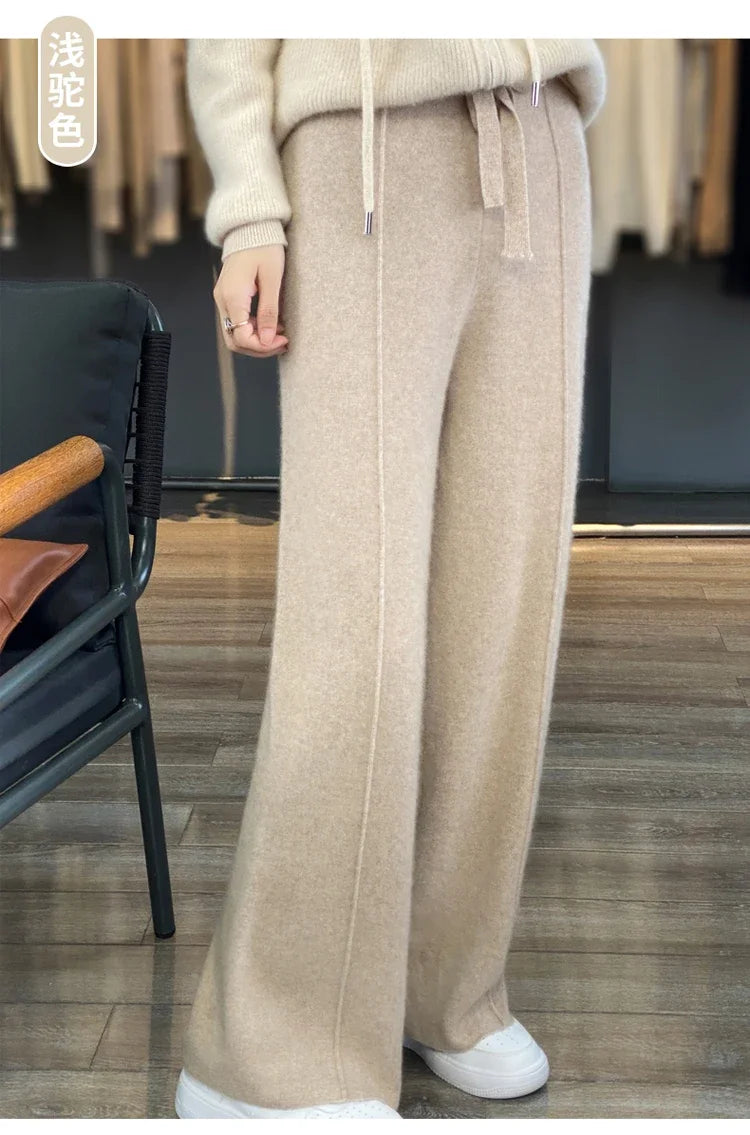 Wool Knitted Wide Leg Pants Women Autumn Winter Thickened High Waist Drip Feeling Cashmere Pants Coffee Straight Casual Pants