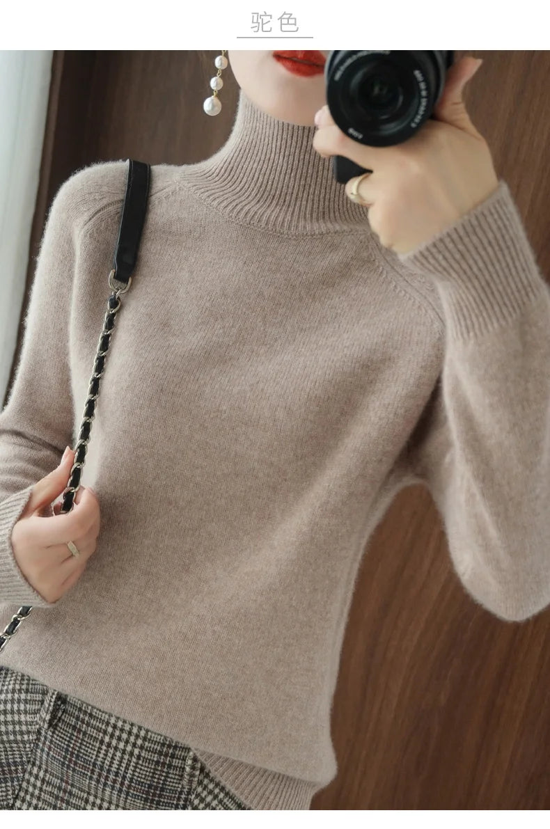 Fashion Basic Autumn Winter  Merino Wool Sweater Mock Neck Cashmere Pullover  Solid Color Soft Long Sleeve Clothing Tops