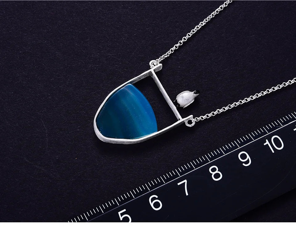 Lotus Fun Real 925 Sterling Silver Natural Agate Gemstones Fine Jewelry Lovely Penguin Necklace with Pendant for Women Collier