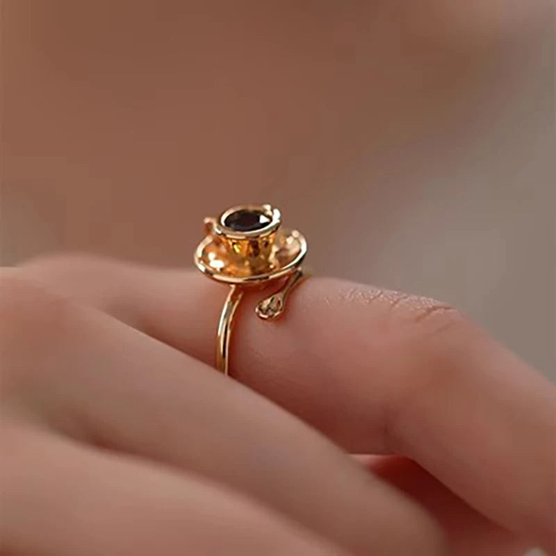 Unique Croissant and Coffee Design Adjustable Finger Rings For Women Statement Jewelry Cute Girls Ring With Coffee Cup 2024 New