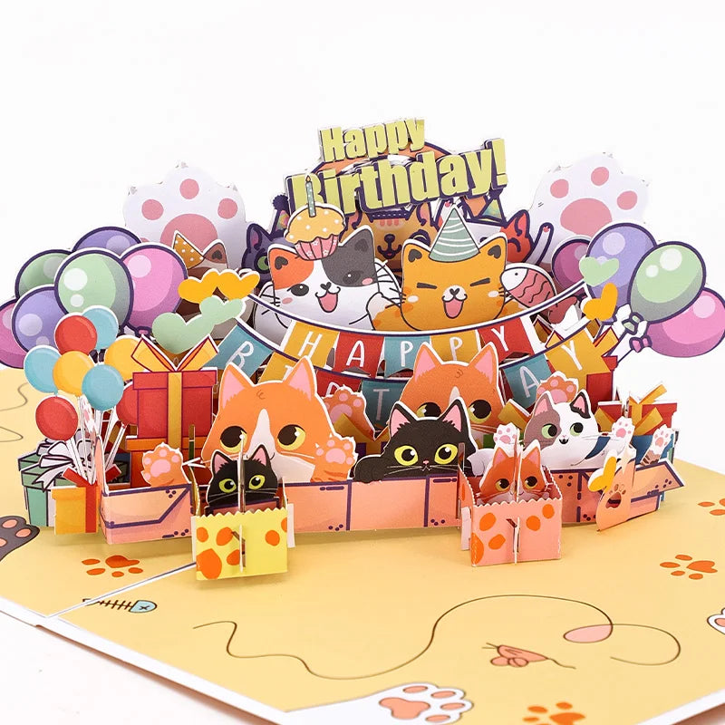 Happy Birthday Card Birthday Cat 3D Birthday Pop Up Card Greeting Card Best Birthday Gift for Family Husband Wife Couple Friends Valentines Gift