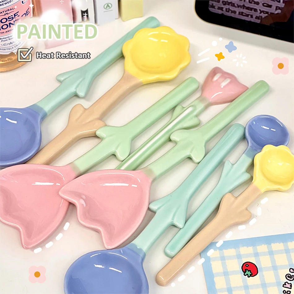 Kawaii Ceramic Flower Spoon Tulip Shaped Cute Milk Ice Cream Dessert Soup Spoon With Long Handle Kitchen Tableware Accessories