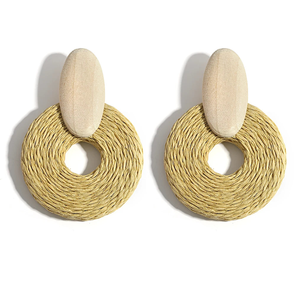 AENSOA Bohemia Handmade Raffia Rattan Braid Wooden Big Large Drop Earrings for Women Boho Jewelry Exaggerated Ethnic Earring