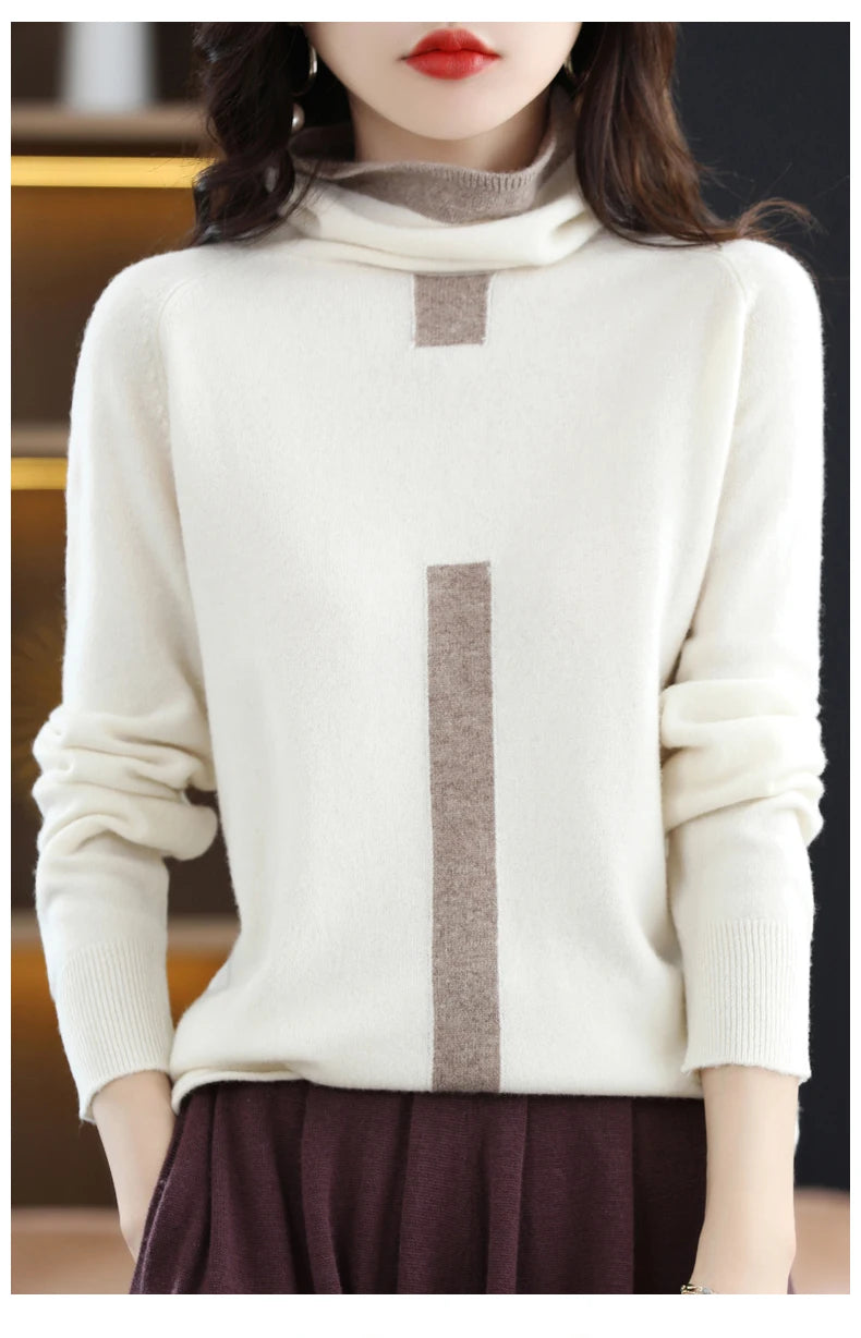 100% Mink Cashmere Sweater Ladies Pile Collar Pullover Tops Spring / Autumn New Colorblock Top Korean Style Fashion Tight Thin