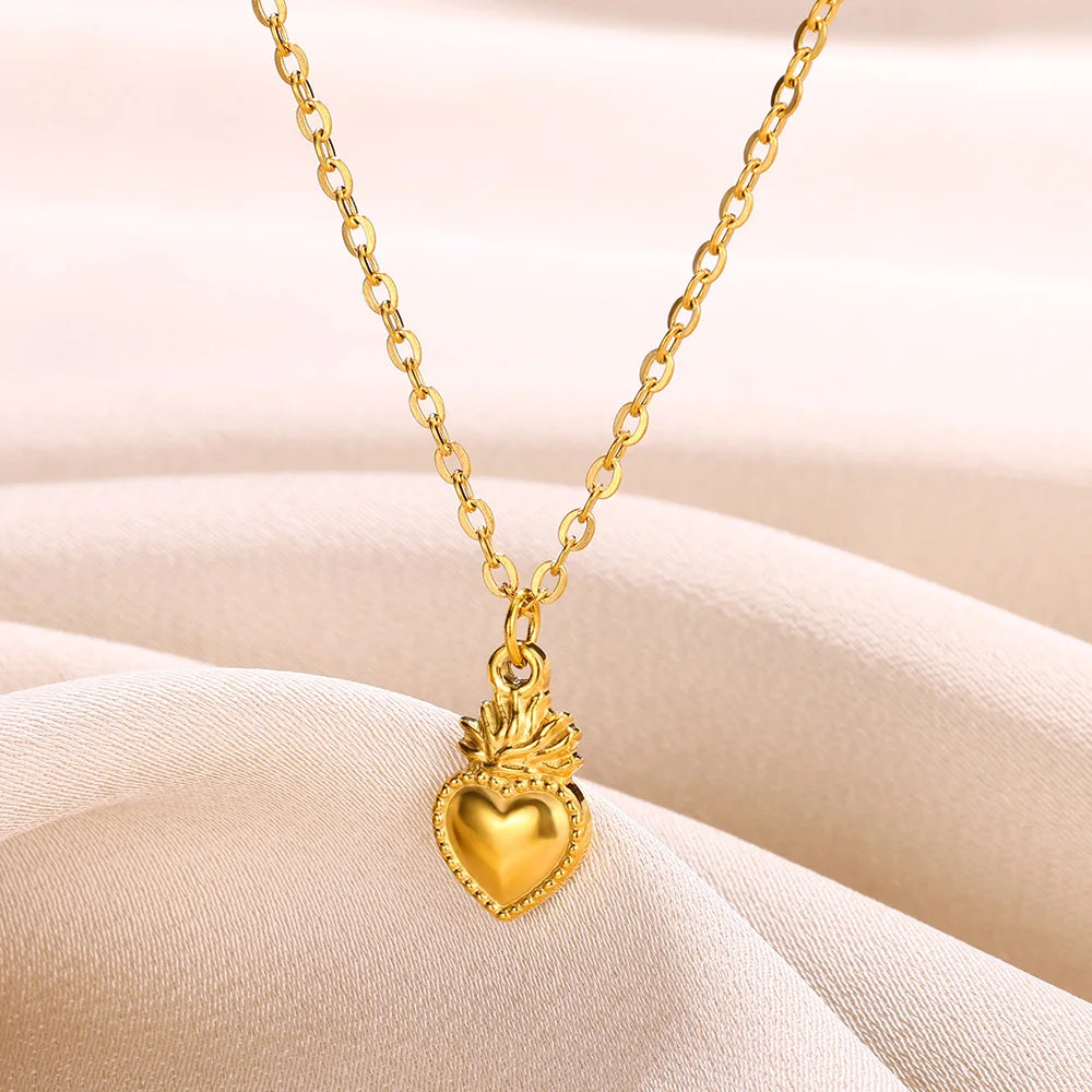 Punk Gold Color Heart Pendant Necklace for Women Stainless Steel OT Buckle Beaded Neck Chain Choker Y2K Jewelry Accessories