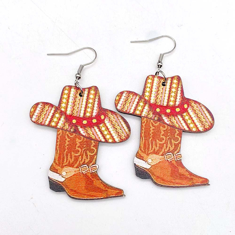 Western Cowboy Wood Earrings Boots Hat Pendant Earrings Sunflower Cow Skull Cowboy Hat Boot Drop Earrings for Women Jewelry