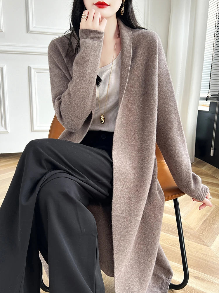 2024 Women Long Cardigan Cashmere Sweater Spring Autumn Winter Office Lady Loose Coat 100% Merino Wool Knitwear Korean Fashion