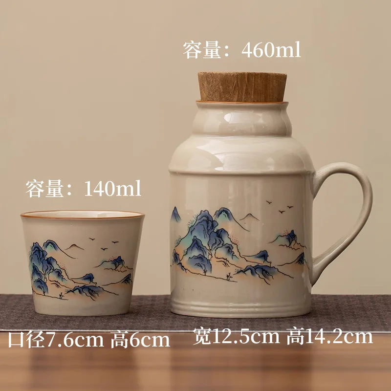 Chinese Style Teacup Set with Ruyao WanHua, Small Warm Pot, Lid Mug, Large Capacity Ceramic Hand Warmer, Travel Tea Pot + Cup