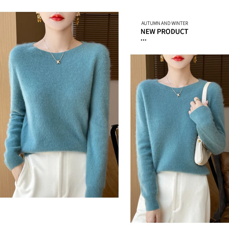 Autumn Winter Women Clothing O-Neck Pullover 100% Merino Wool Sweater New Fashion Cashmere Tops Bottoming Long Sleeve Knitwear