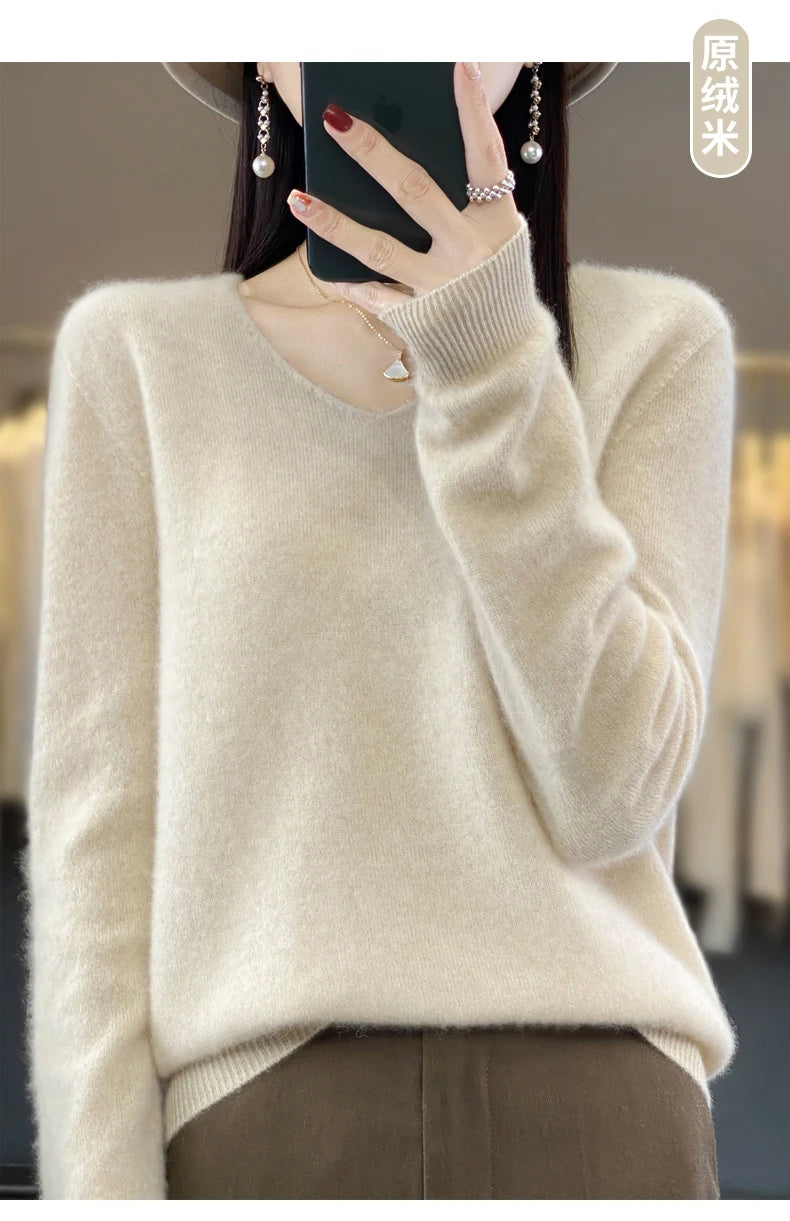 100% pure wool cashmere sweater women's V-neck pullover casual knit top autumn and winter women's coat Korean fashion