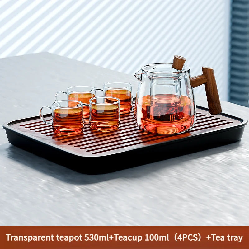 GIANXI 530ml Heat-Resistant Glass Teapot With Walnut Handle Chinese Drain/Storage Tea Tray Home Hospitality Kung Fu Tea Set