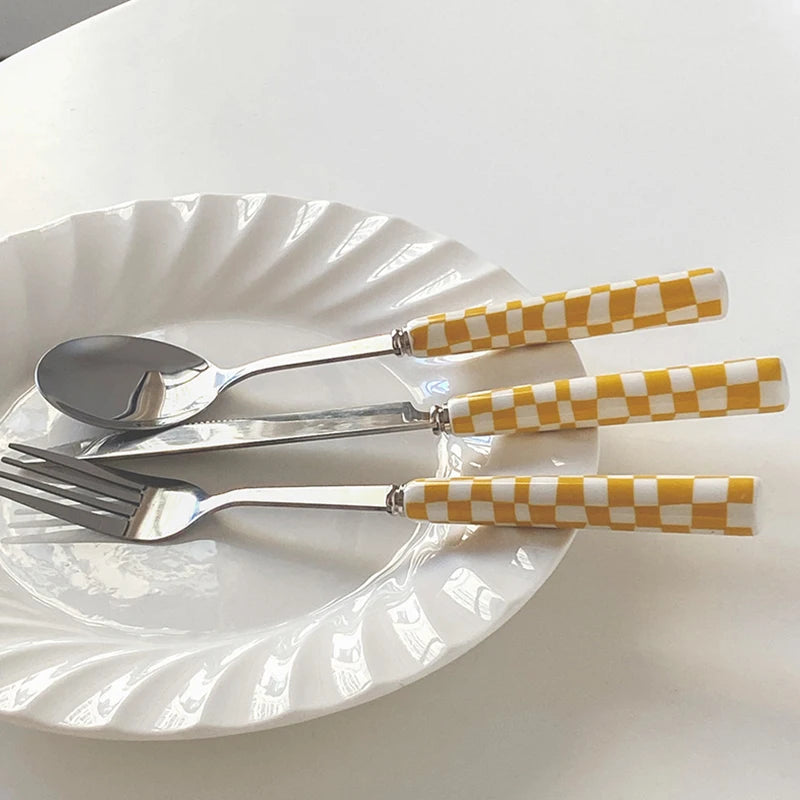 Stainless Steel Knife Fork Spoon with Checkerboard Ceramic Handle Kitchen Dinnerware Dessert Fork Knife Spoon Tableware Set