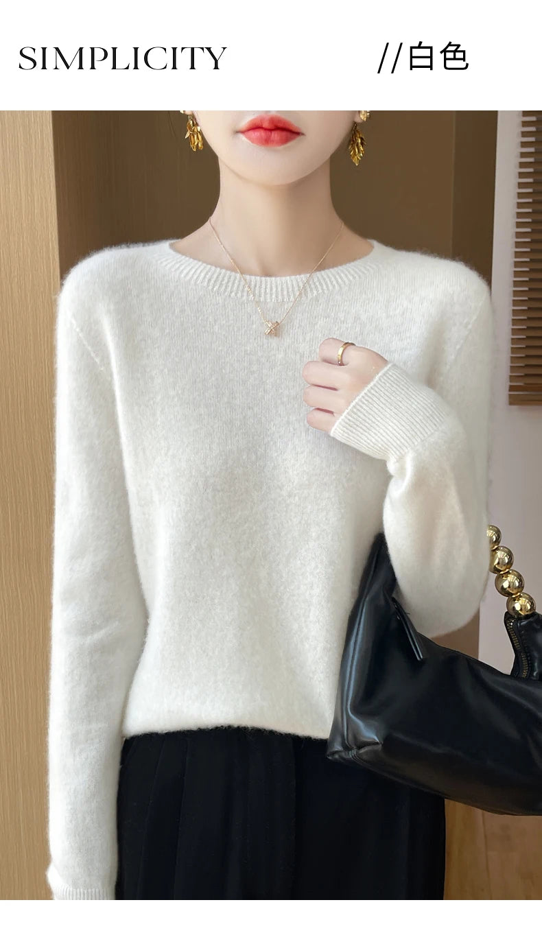 Autumn Winter Women Clothing O-Neck Pullover 100% Merino Wool Sweater New Fashion Cashmere Tops Bottoming Long Sleeve Knitwear