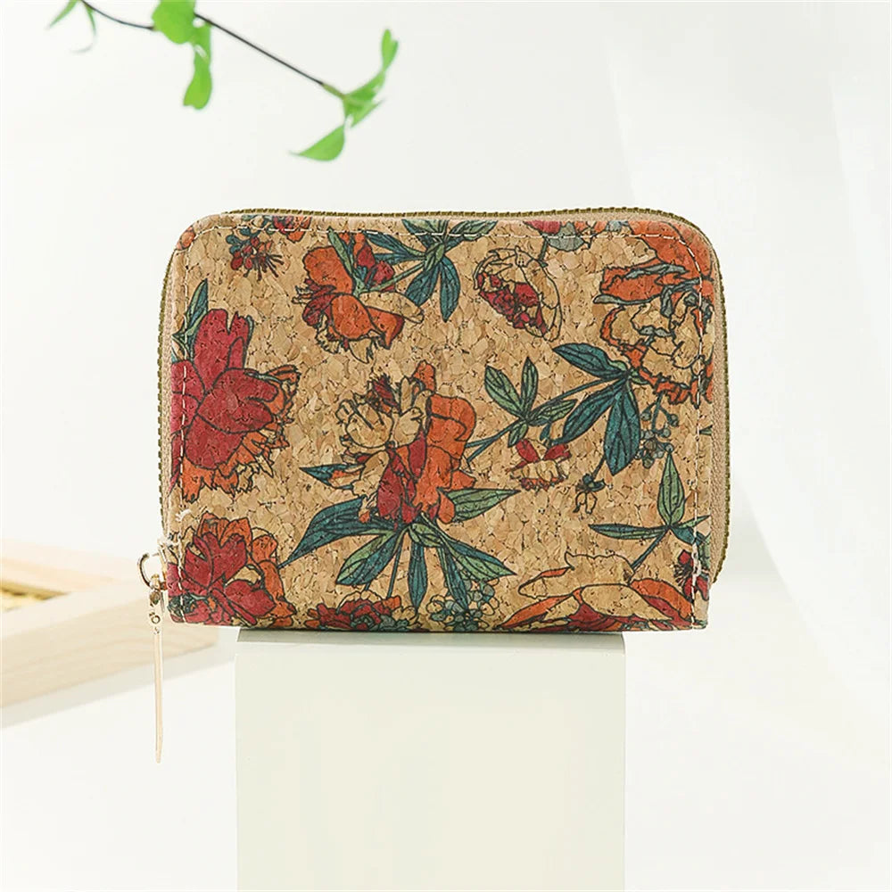 Retro Printed Women's Short Wallet Zipper Cork Leather Card Bag Multi functional Card Slot Women's Card Case Money Pouch Clutch