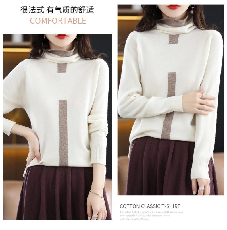 100% Mink Cashmere Sweater Ladies Pile Collar Pullover Tops Spring / Autumn New Colorblock Top Korean Style Fashion Tight Thin