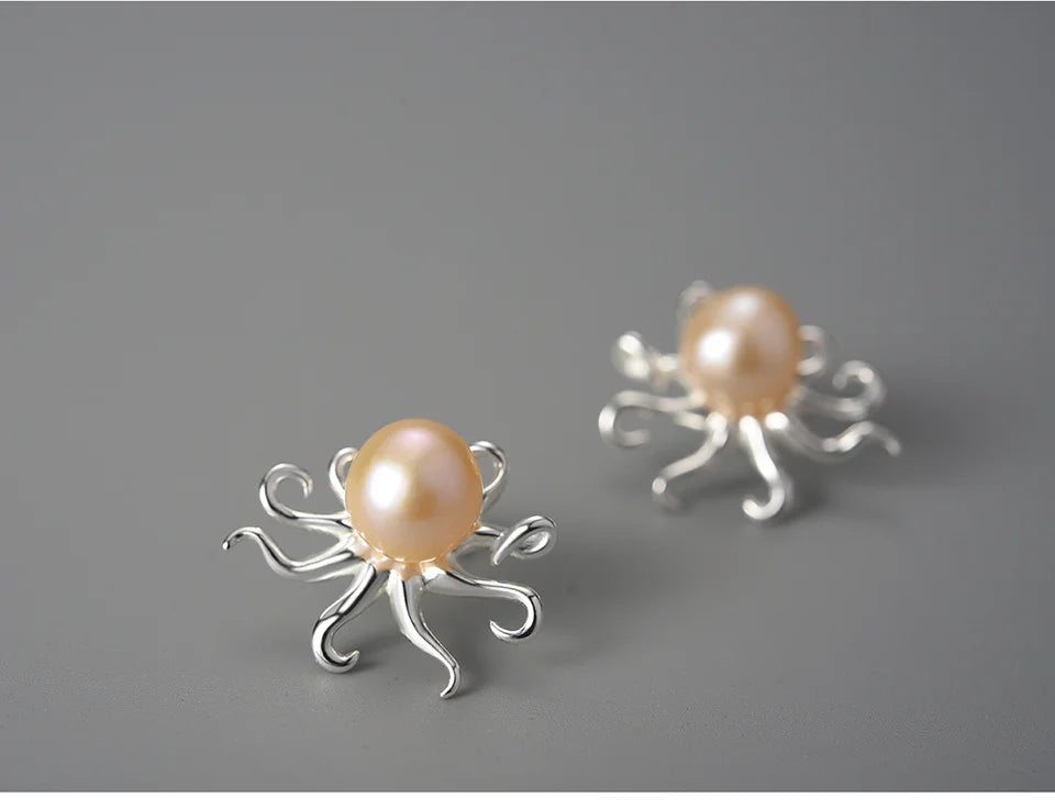 Lotus Fun Creative Octopus Natural Pearl Stud Earrings for Women Real 925 Sterling Silver Original Statement Luxury Fine Jewelry