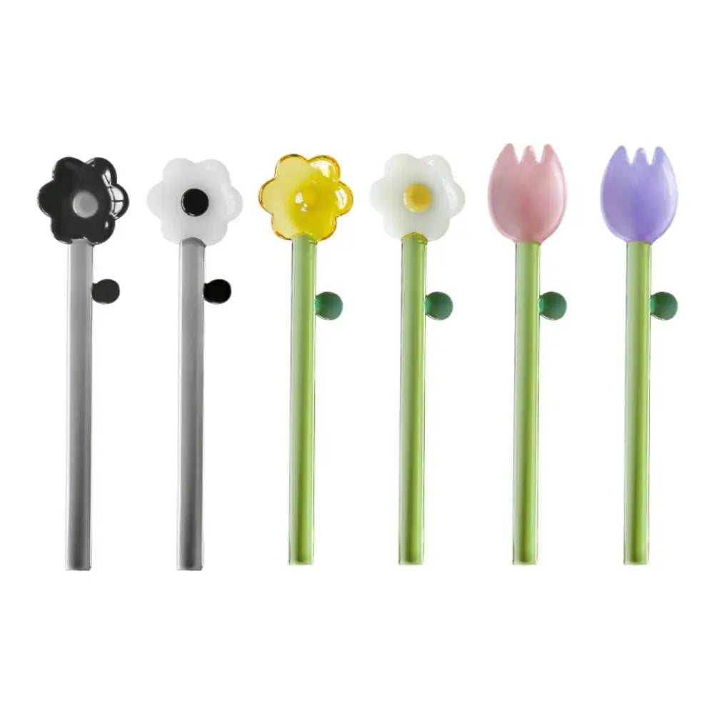 Long handle Glass Spoon Creative Transparent Glass Dessert Spoon Flower Shaped Colored Coffee Stirring Spoon Stick Bar