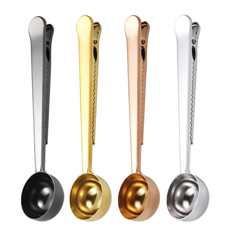 2 in 1 Creative Coffee Spoon 5ml Stainless Steel Multifunctional Coffee Scoop with Sealing Clip Kitchen Measuring Coffee Scoop