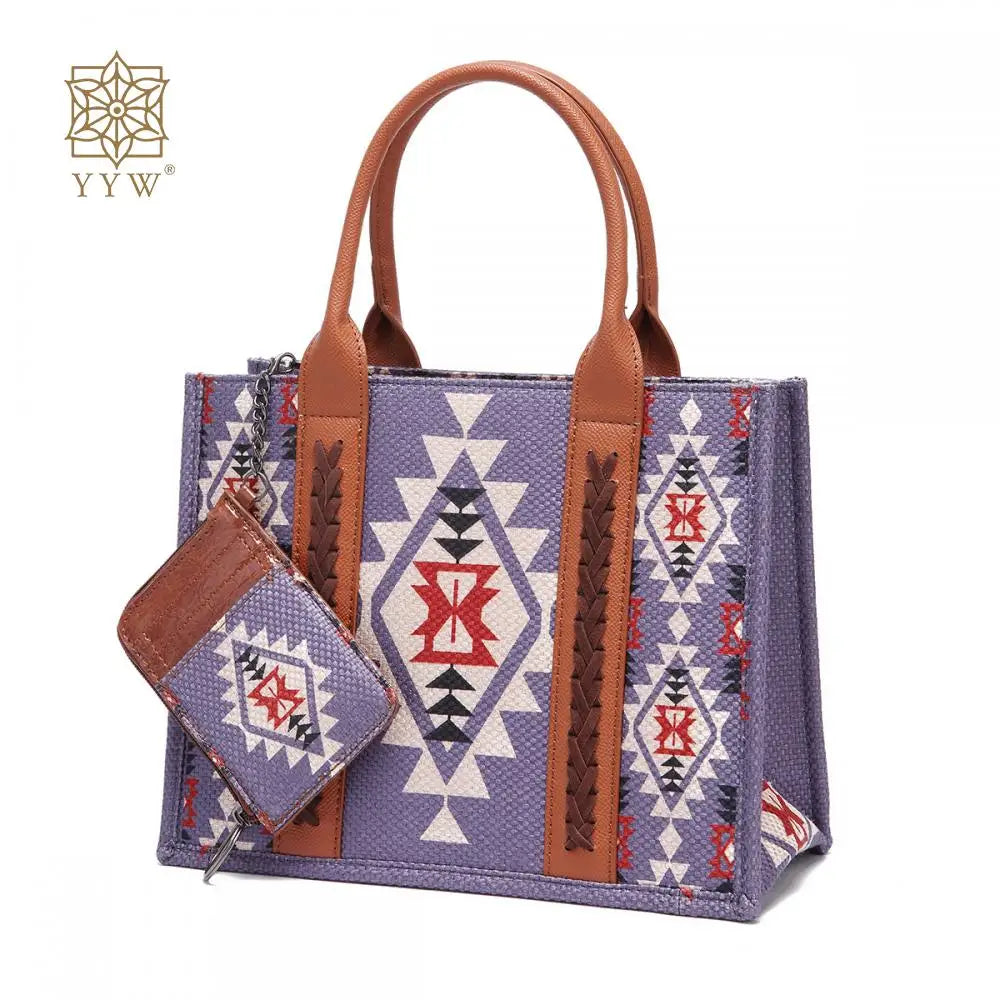 Retro Women Cotton Linen Handbag Large Capacity Western Boho Aztec Wide Shoulder Tote Bags with Coin Wallet Lady Bucket Purse