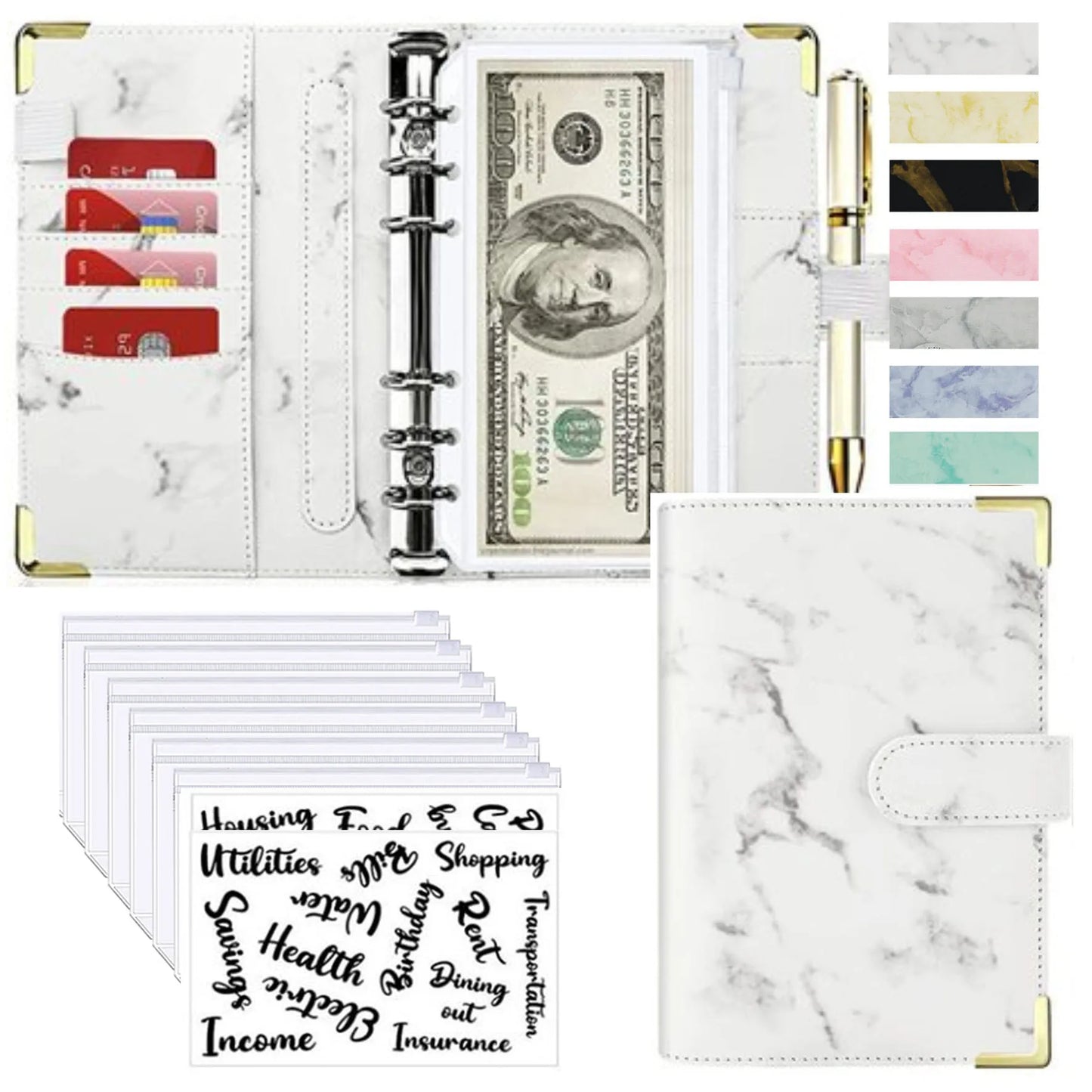 A6 Money Saving Organizer PU Leather Budget Binder Marble Notebook Budgets Planner 2023 Envelope Office School Supplies Valentines Gift