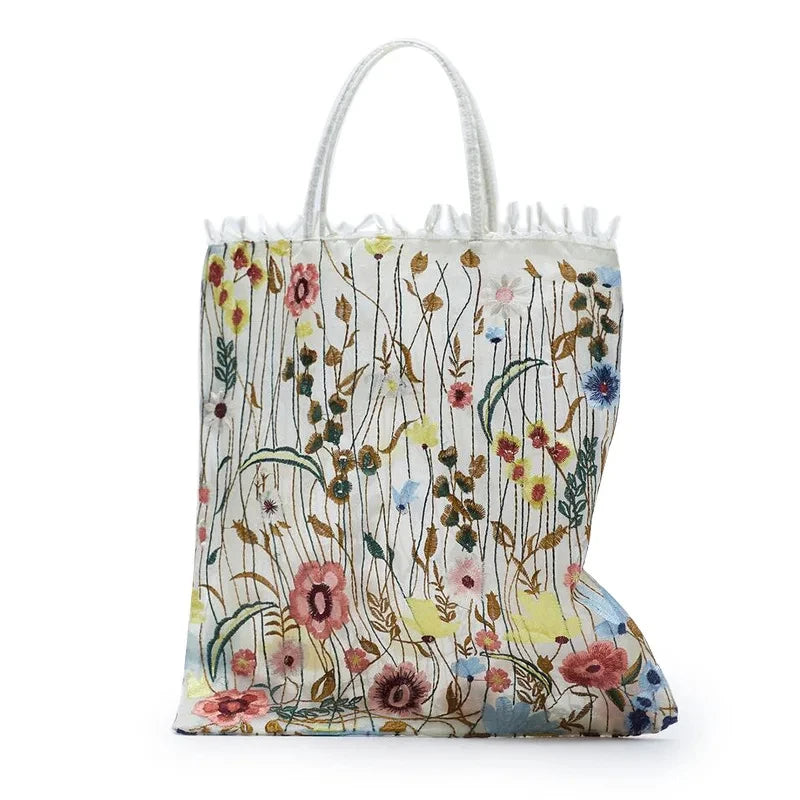 1Pc Fashion Tote Summer New Style Mesh Full Embroidery Flowers Clear Shoulder Bag Romantic Handbag Women's Eco Shopping Bag