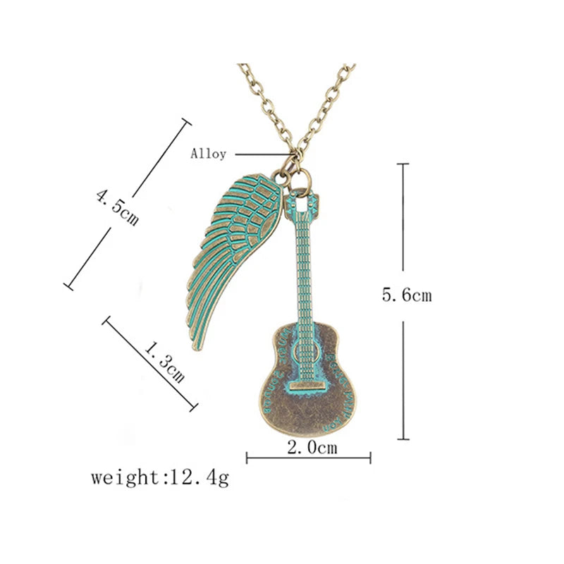 LOVE Valentine's Day Gift Green Angel Wing Guitar Necklace Women,Pendant Necklaces for Women, Sweater Neckless Jewelry Halskette