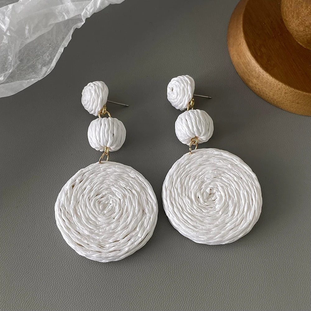 AENSOA Handmade White Rattan Knit Braided Tassel Earrings for Women Geometric Wooden Polymer Clay Leaf Drop Earrings Jewelry