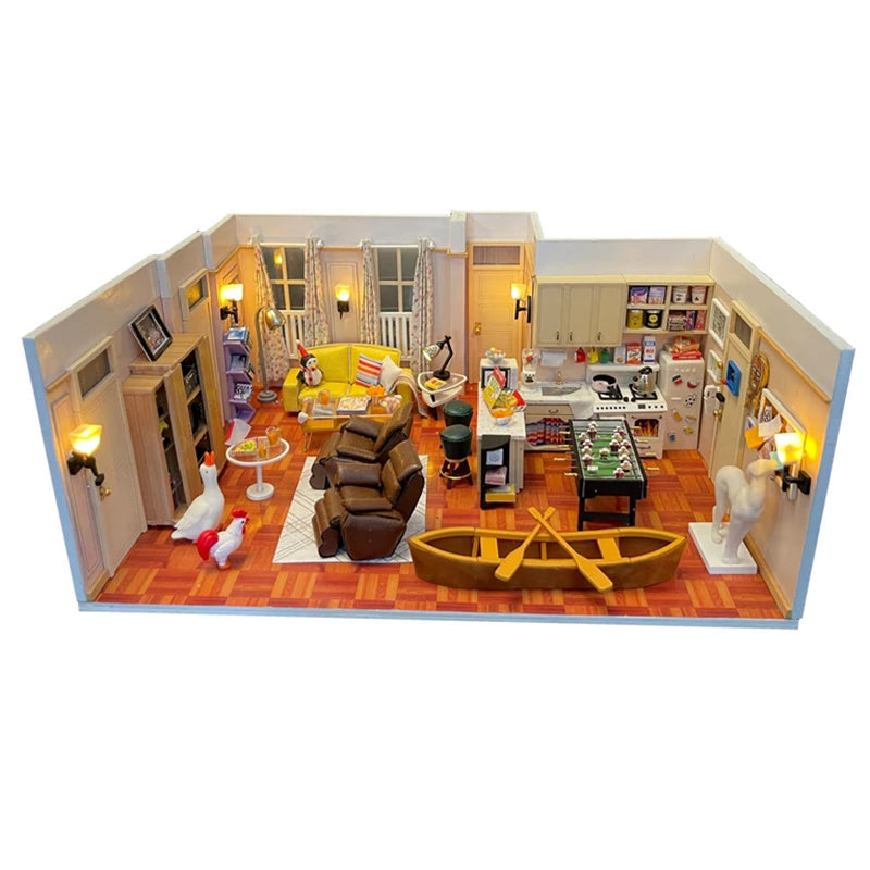 DIY Wooden Joey‘s Apartment Casa Miniature Building Kits Bookend With Lights Assembled Bookshelf Home Decoration Friends Gifts