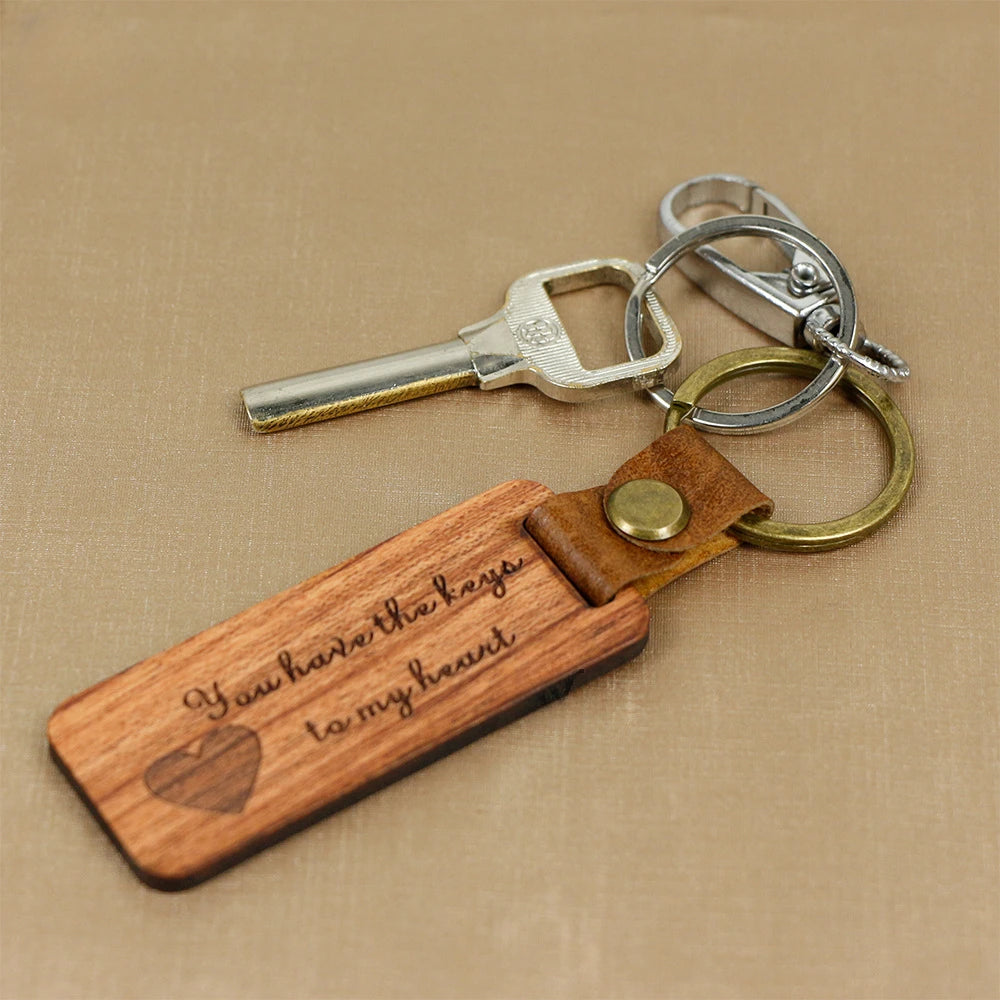 Customized PU Leather Wooden Keychain Blank DIY Wood Keyring Square Engraved Car Key Chains Retro for Friends Lovers Family Gift Valentines Gift