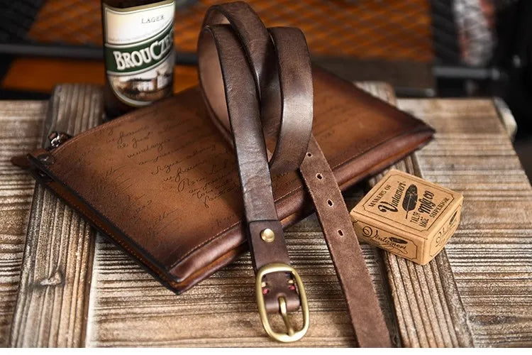 Retro Narrow Genuine Leather Women's Belt Pure Copper Button Western Cowboy Style Versatile Jeans Belt Fashion Luxury Women Belt