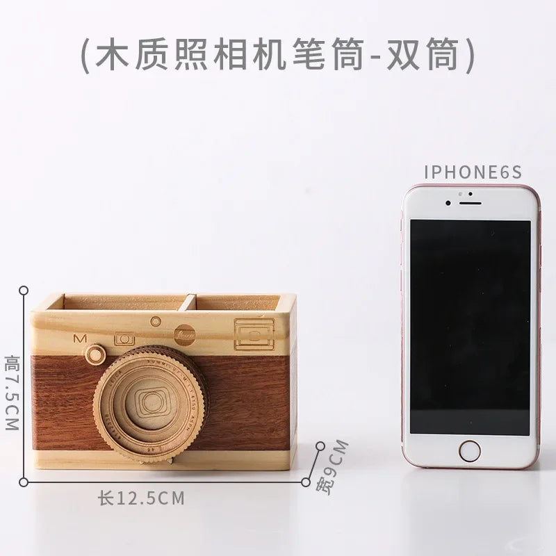 Pencil Holder Camera-shaped Concise Wood Especial Pen Container for Office