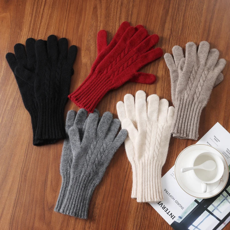 Women Wool Cashmere Gloves Cable Knit Touchscreen Finger Hole Winter Autumn Warm Wrist Length Classic Gloves Female Mitten