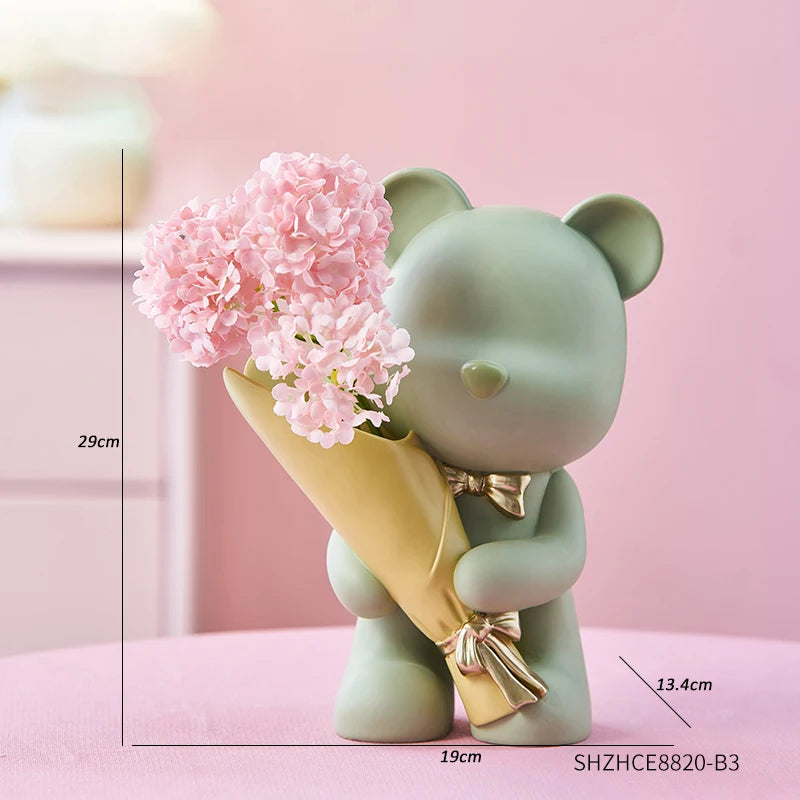 Bear Figurine Resin Flower Vase Modern Home Decor Vases Living Room Decoration Office Desk Accessories Wedding Decoration Gifts