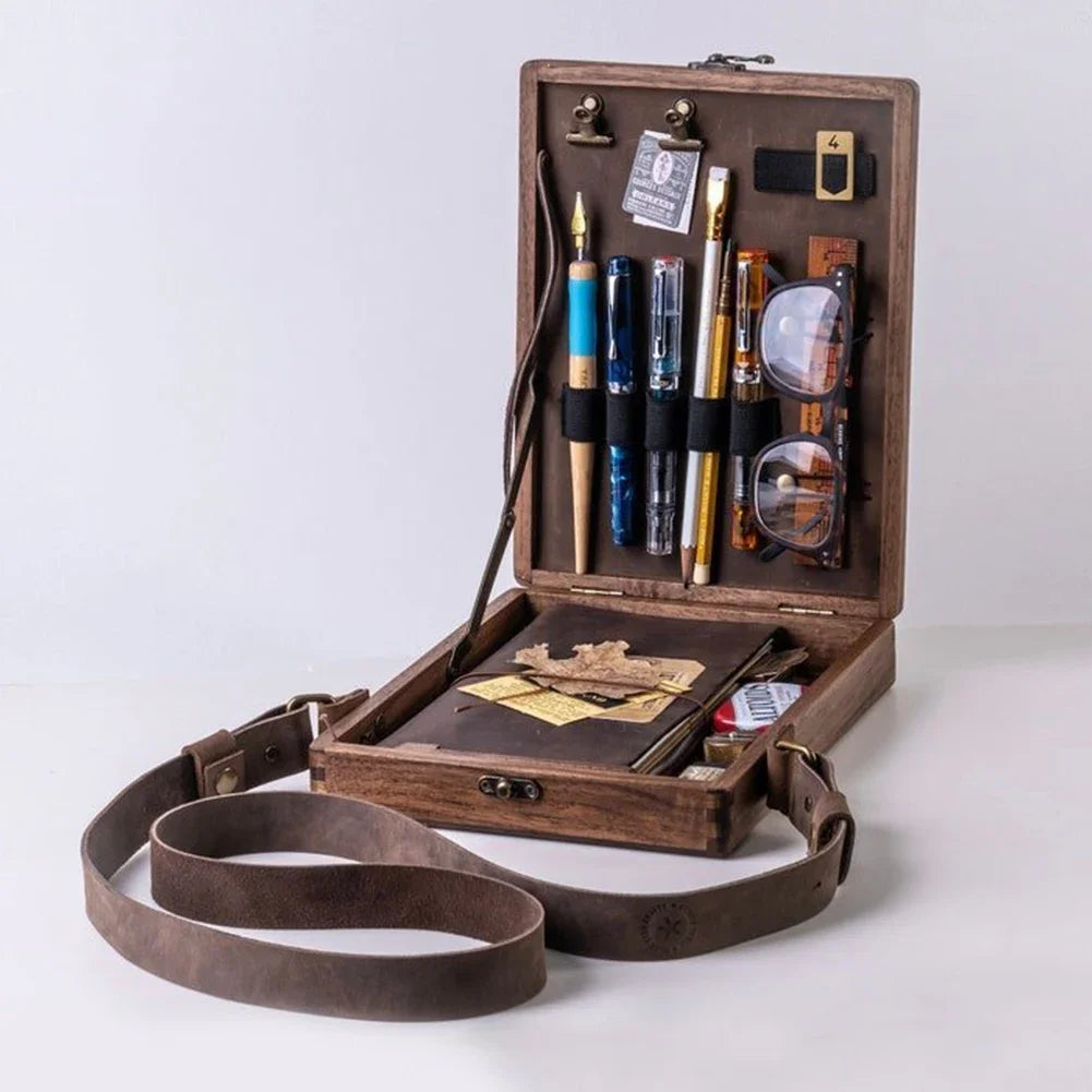 Multifunction Outdoor Crossbody Gift Brush Storage Postman Briefcase Retro Portable Artist Tool Pencil Writer Messenger Wood Box