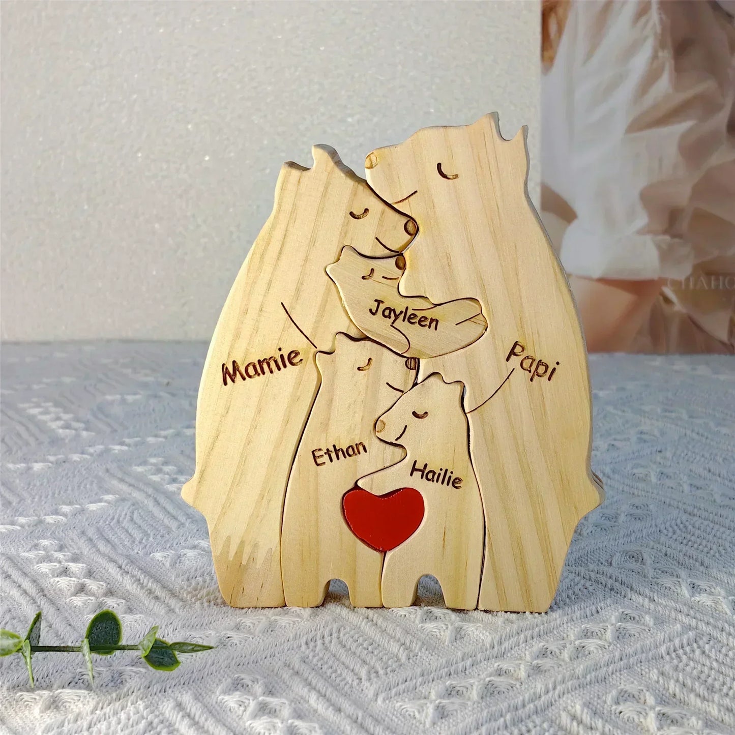 Art Wooden Bear Family Puzzle Personalized Name Custom Home Decor Thanksgiving Christmas Heartwarming Gift for Baby Mom