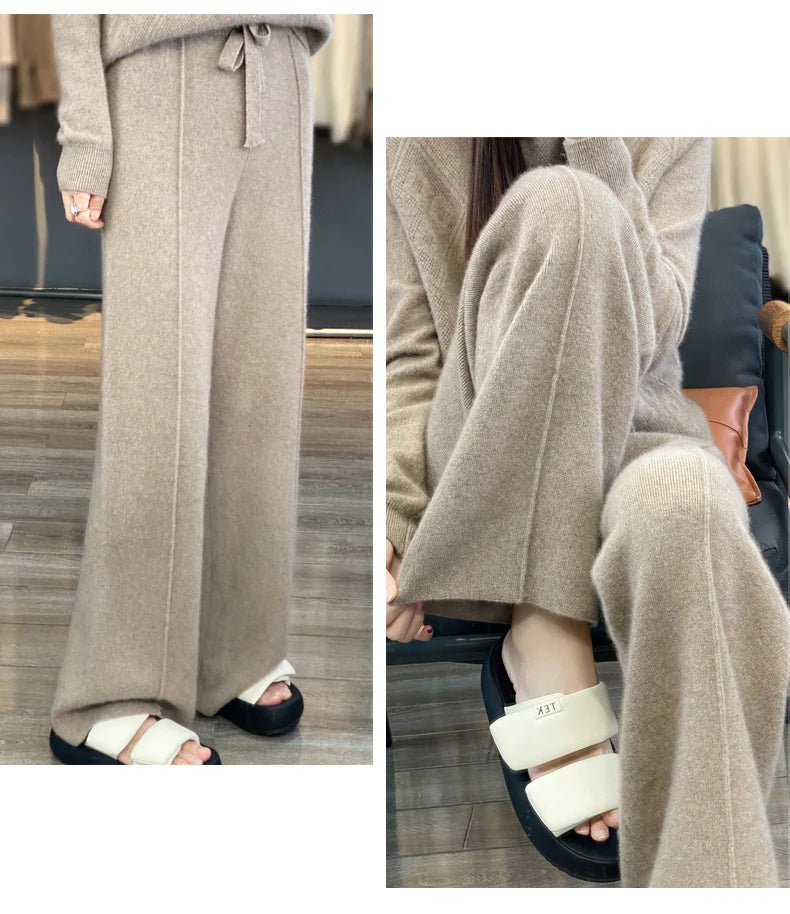 Women's Cashmere Pants 100% Merino Wool Broadfoot Pants Women's Knit Loose Knit Pants Fall/Winter 2024 Women's Thick Pants