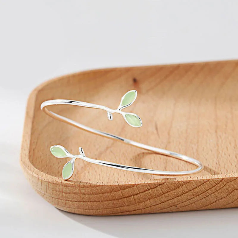 VENTFILLE 925 Stamp Silver Color Bangle for Women Green Opal Leaf Twigs Branch Jewelry Girls' Gift Dropshipping