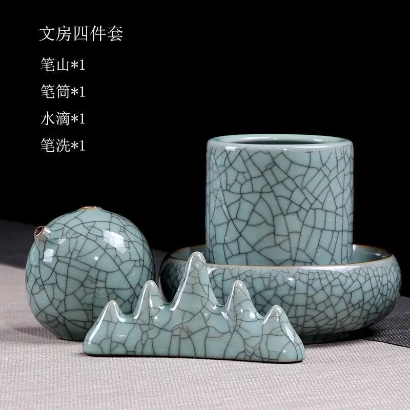 Royal Ming Celadon Study Four Treasures Set Calligraphy Supplies Pen Holder Paperweight Wash Adult